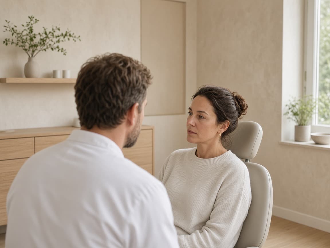 A calm conversation in a pale room, photographed from a respectful distance.